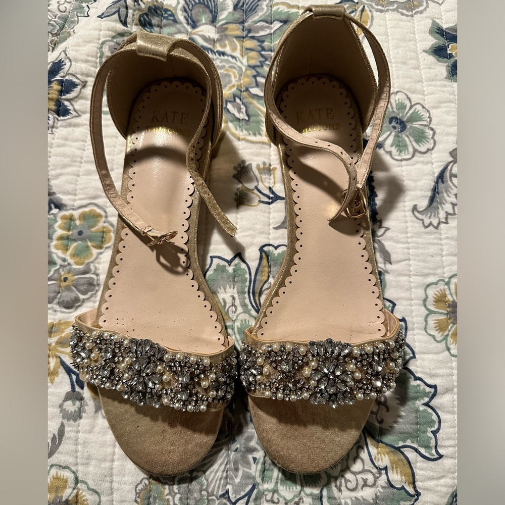 Kate Whitcomb bridal shoes/sandal. Low heel. Style Aerin in Gold